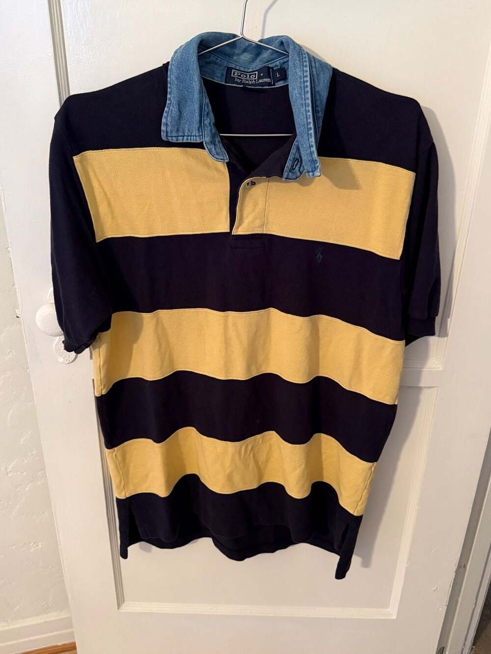 Vintage Polo Striped Short Sleeve Rugby Polo Shirt with Denim Collar